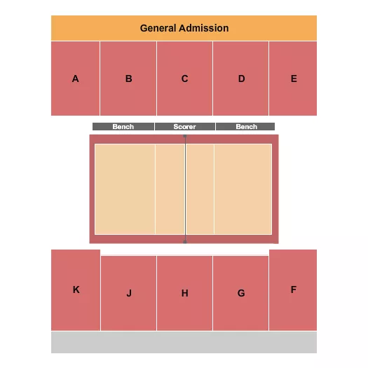 Volleyball Seating Chart at Bruin Arena At Lifetime Activities Center. The chart shows the main floor/stage with seating options surrounding it, which are color coded