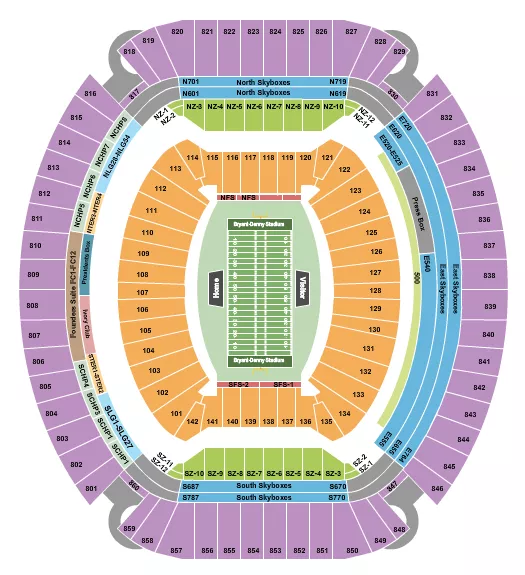 Football No VFS Seating Chart at Bryant-Denny Stadium. The chart shows the main floor/stage with seating options surrounding it, which are color coded
