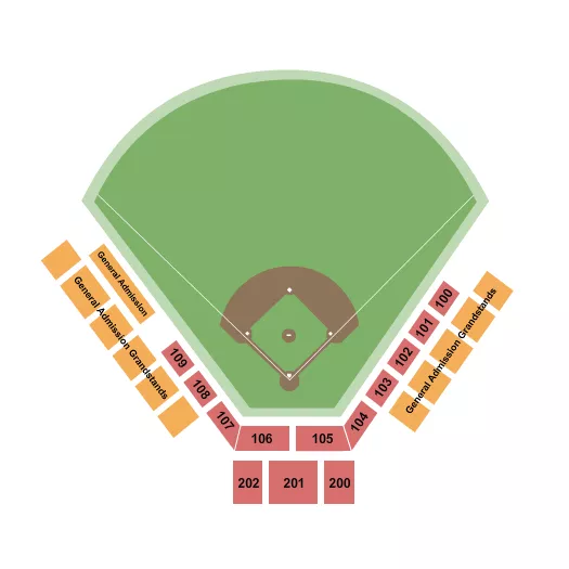 Baseball Seating Chart at Bryant Field. The chart shows the main floor/stage with seating options surrounding it, which are color coded