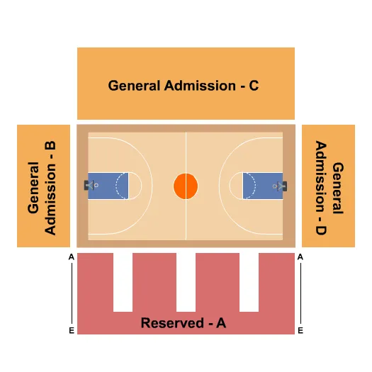 Basketball Seating Chart at Buccaneer Field House. The chart shows the main floor/stage with seating options surrounding it, which are color coded