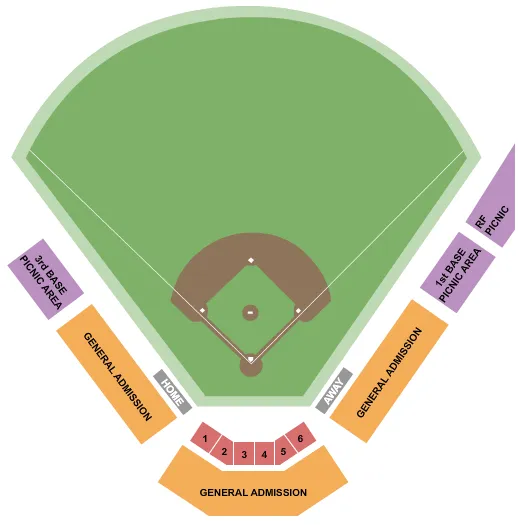 Baseball 2 Seating Chart at Burlington Athletic Stadium. The chart shows the main floor/stage with seating options surrounding it, which are color coded