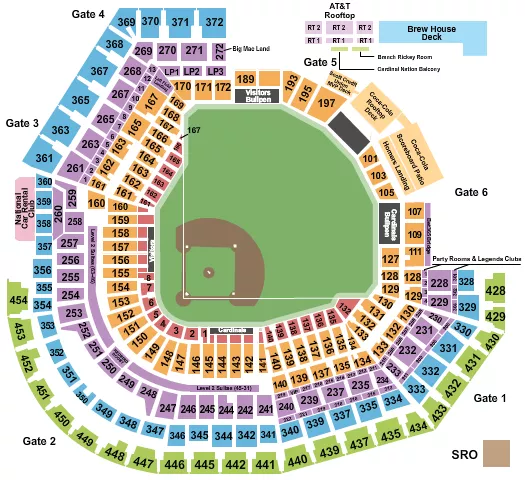 Baseball Seating Chart at Busch Stadium. The chart shows the main floor/stage with seating options surrounding it, which are color coded