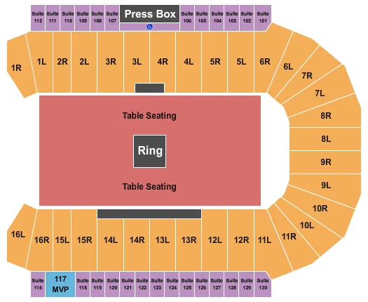 Boxing 2 Seating Chart at CAA Centre. The chart shows the main floor/stage with seating options surrounding it, which are color coded