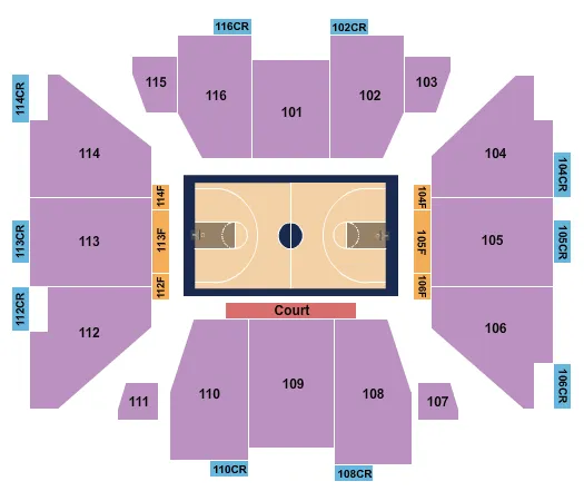 Basketball 2019-20 Seating Chart at Dale E. and Sarah Ann Fowler Events Center. The chart shows the main floor/stage with seating options surrounding it, which are color coded