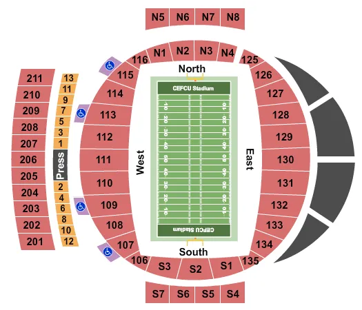 Football Seating Chart at CEFCU Stadium. The chart shows the main floor/stage with seating options surrounding it, which are color coded