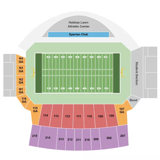 Football Seating Chart at CEFCU Stadium. The chart shows the main floor/stage with seating options surrounding it, which are color coded