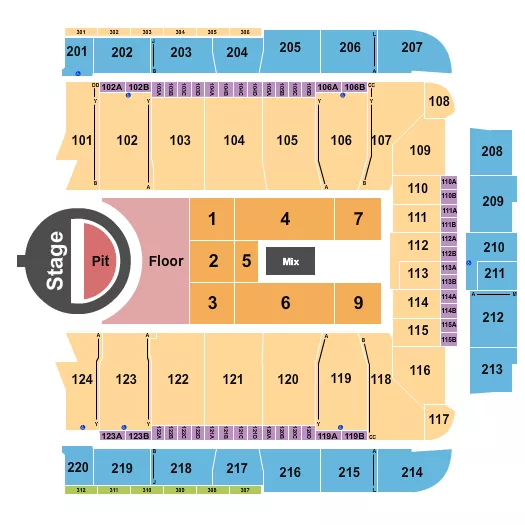5 Seconds of Summer Seating Chart at CFG Bank Arena. The chart shows the main floor/stage with seating options surrounding it, which are color coded