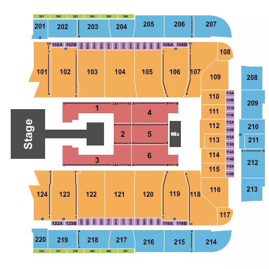 Ateez Seating Chart at CFG Bank Arena. The chart shows the main floor/stage with seating options surrounding it, which are color coded