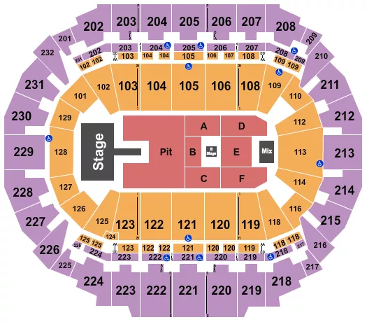 Alex Warren Seating Chart at CHI Health Center. The chart shows the main floor/stage with seating options surrounding it, which are color coded