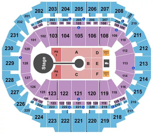 Brandon Lake Seating Chart at CHI Health Center. The chart shows the main floor/stage with seating options surrounding it, which are color coded