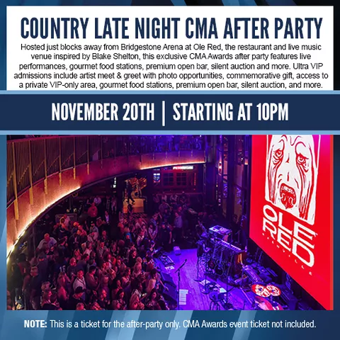 CMA After Party 20 Seating Chart at Ole Red. The chart shows the main floor/stage with seating options surrounding it, which are color coded