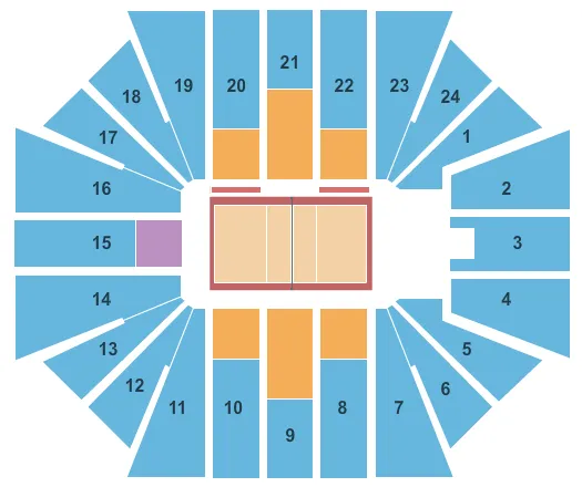 Volleyball Seating Chart at CU Events Center. The chart shows the main floor/stage with seating options surrounding it, which are color coded
