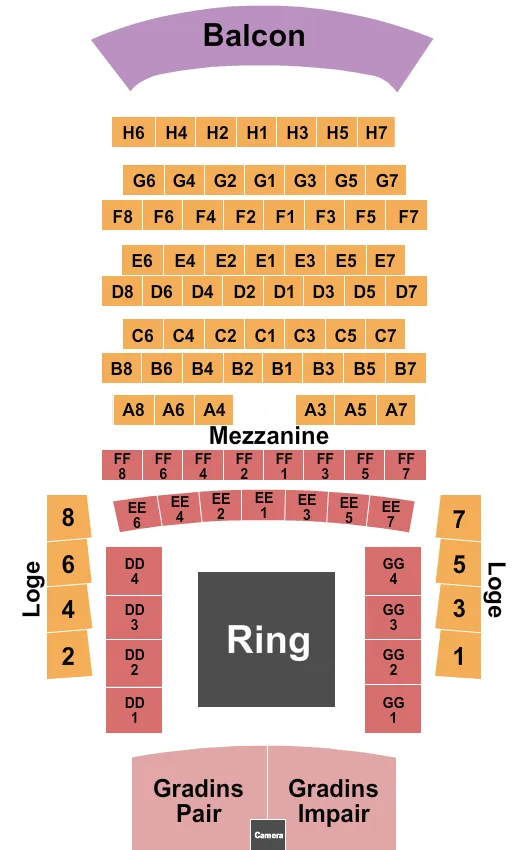 Boxing Seating Chart at Cabaret Du Casino De Montreal. The chart shows the main floor/stage with seating options surrounding it, which are color coded