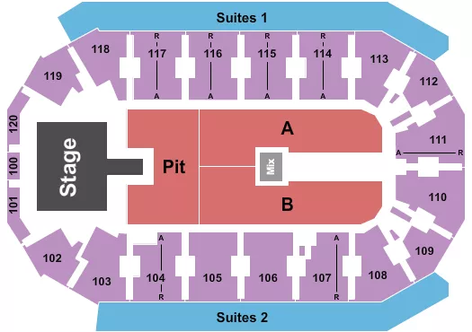 Brantley Gilbert 1 Seating Chart at Cable Dahmer Arena. The chart shows the main floor/stage with seating options surrounding it, which are color coded