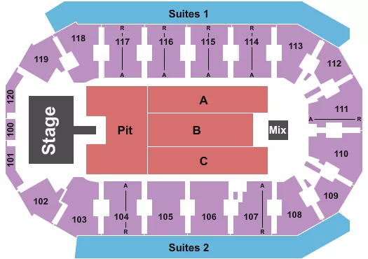 Endstage GA Pit/Catw Seating Chart at Cable Dahmer Arena. The chart shows the main floor/stage with seating options surrounding it, which are color coded