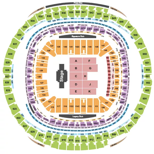 Billy Joel Seating Chart at Caesars Superdome. The chart shows the main floor/stage with seating options surrounding it, which are color coded