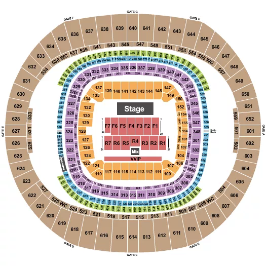 Essence Festival Seating Chart at Caesars Superdome. The chart shows the main floor/stage with seating options surrounding it, which are color coded