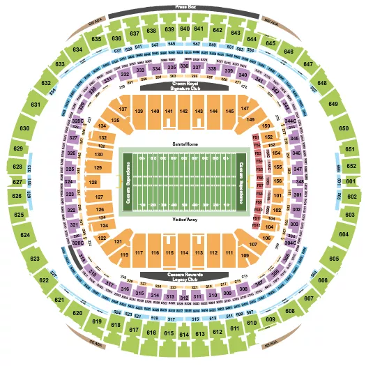 Football RW Seating Chart at Caesars Superdome. The chart shows the main floor/stage with seating options surrounding it, which are color coded