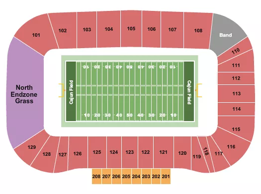 Football Seating Chart at Cajun Field at Our Lady of Lourdes Stadium. The chart shows the main floor/stage with seating options surrounding it, which are color coded