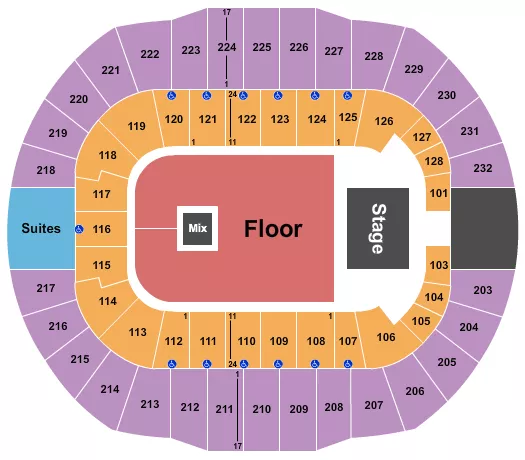 Boosie Bash Seating Chart at Cajundome. The chart shows the main floor/stage with seating options surrounding it, which are color coded