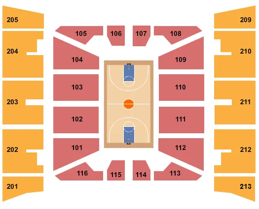 Basketball Seating Chart at Cam Henderson Center. The chart shows the main floor/stage with seating options surrounding it, which are color coded