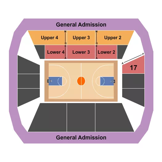 Basketball Seating Chart at Cameron Hall. The chart shows the main floor/stage with seating options surrounding it, which are color coded