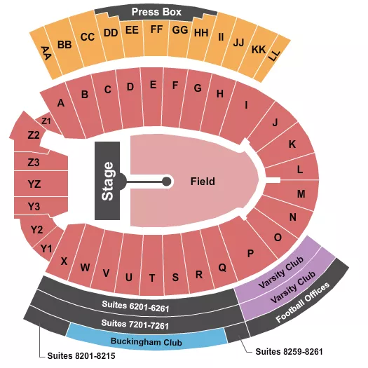 Coldplay Seating Chart at Camp Randall Stadium. The chart shows the main floor/stage with seating options surrounding it, which are color coded