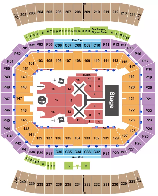Chris Brown Seating Chart at Camping World Stadium. The chart shows the main floor/stage with seating options surrounding it, which are color coded