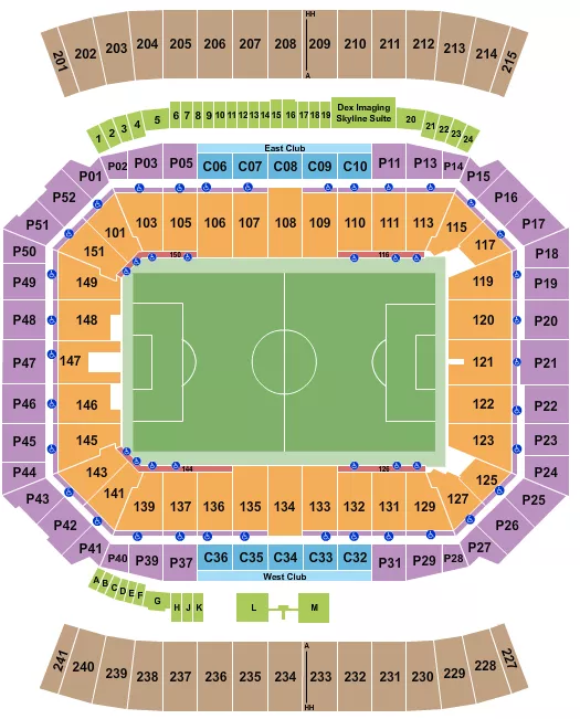 Club World Cup Seating Chart at Camping World Stadium. The chart shows the main floor/stage with seating options surrounding it, which are color coded