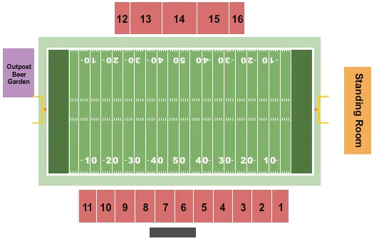 Football Seating Chart at Campus Field. The chart shows the main floor/stage with seating options surrounding it, which are color coded