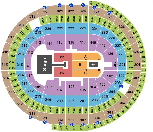 Brad Paisley Seating Chart at Canadian Tire Centre. The chart shows the main floor/stage with seating options surrounding it, which are color coded