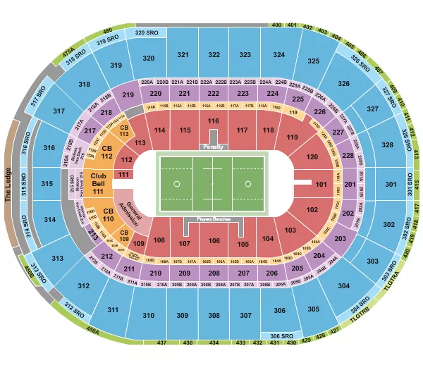 Lacrosse Seating Chart at Canadian Tire Centre. The chart shows the main floor/stage with seating options surrounding it, which are color coded