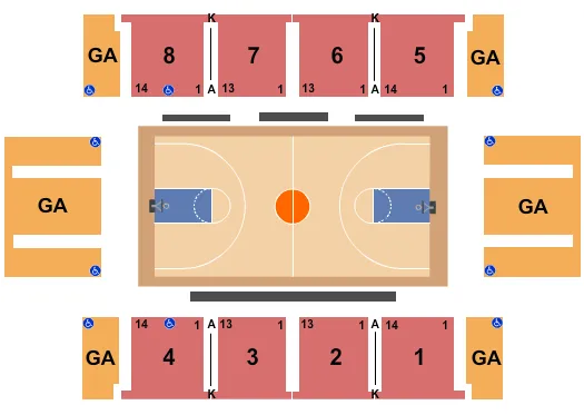 Basketball Seating Chart at Canisius College - Koessler Athletic Center. The chart shows the main floor/stage with seating options surrounding it, which are color coded