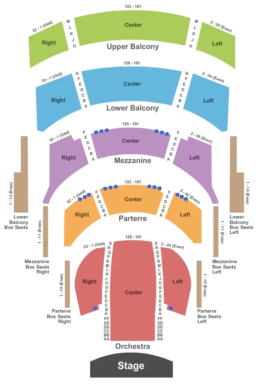 End Stage Seating Chart at Cannon Center For The Performing Arts. The chart shows the main floor/stage with seating options surrounding it, which are color coded