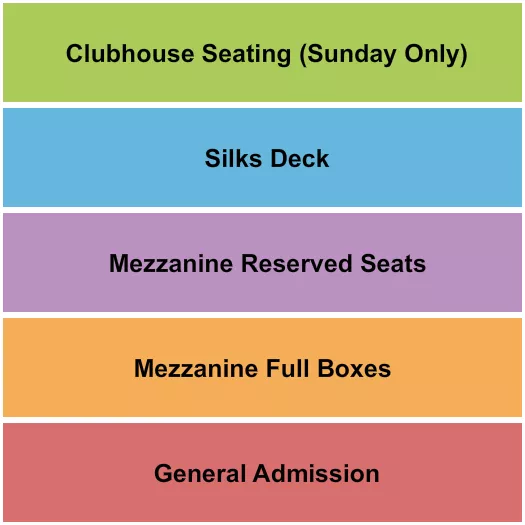 Horse Racing Seating Chart at Canterbury Park. The chart shows the main floor/stage with seating options surrounding it, which are color coded
