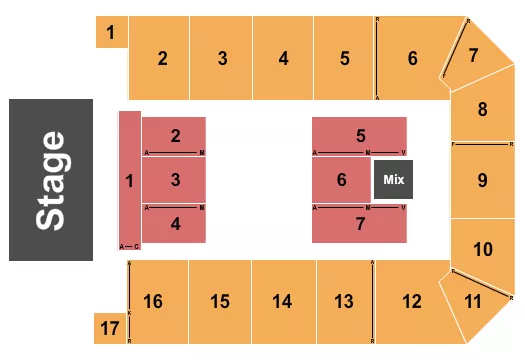 Endstage FLR 1-7 Seating Chart at Canton Memorial Civic Center. The chart shows the main floor/stage with seating options surrounding it, which are color coded