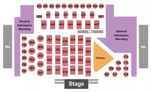 Endstage - Rsvd Tables 2 Seating Chart at Canyon Club. The chart shows the main floor/stage with seating options surrounding it, which are color coded