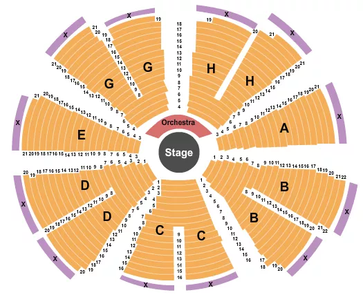 Full House Seating Chart at Cape Cod Melody Tent. The chart shows the main floor/stage with seating options surrounding it, which are color coded