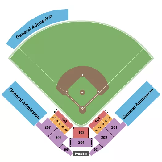 Baseball 2 Seating Chart at Brooks Field. The chart shows the main floor/stage with seating options surrounding it, which are color coded