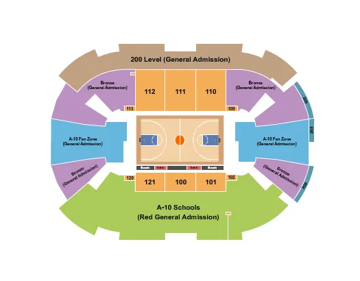 A10 Basketball Seating Chart at Capital One Arena. The chart shows the main floor/stage with seating options surrounding it, which are color coded