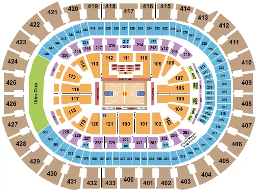 Basketball - Capital Showcase Seating Chart at Capital One Arena. The chart shows the main floor/stage with seating options surrounding it, which are color coded