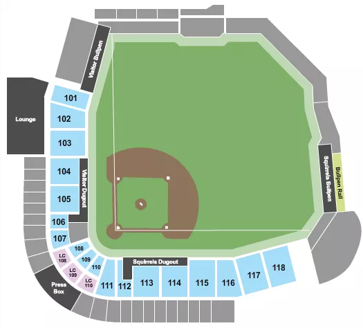 Baseball Seating Chart at CarMax Park. The chart shows the main floor/stage with seating options surrounding it, which are color coded