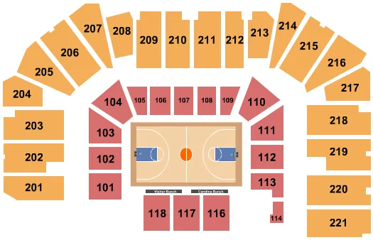 Basketball Seating Chart at Carmichael Arena. The chart shows the main floor/stage with seating options surrounding it, which are color coded