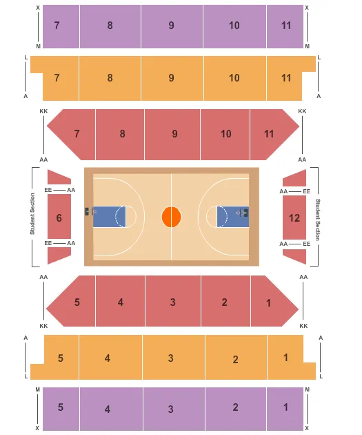 Basketball Seating Chart at Carnesecca Arena. The chart shows the main floor/stage with seating options surrounding it, which are color coded