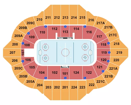 Hockey Seating Chart at Carver Arena. The chart shows the main floor/stage with seating options surrounding it, which are color coded