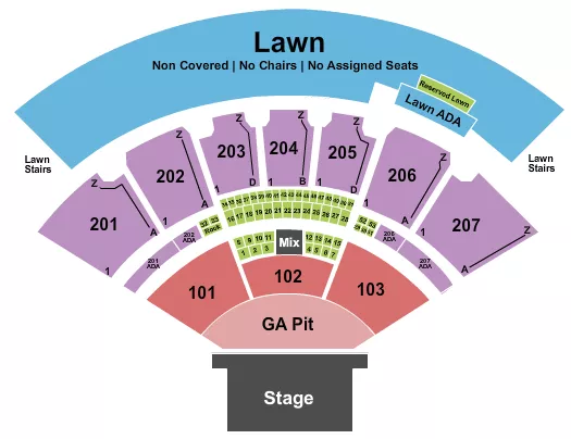 Endstage GA Pit Seating Chart at Cascades Amphitheater. The chart shows the main floor/stage with seating options surrounding it, which are color coded