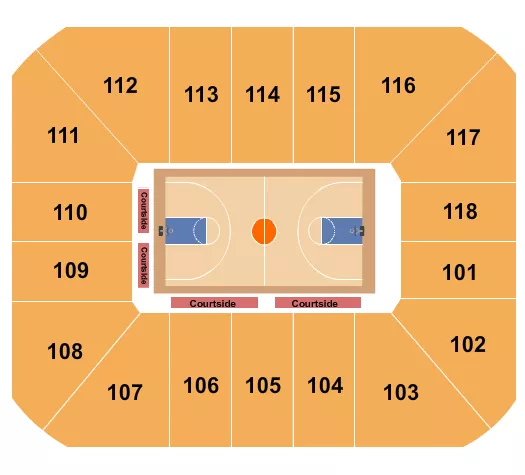 Basketball Seating Chart at Cassell Coliseum. The chart shows the main floor/stage with seating options surrounding it, which are color coded