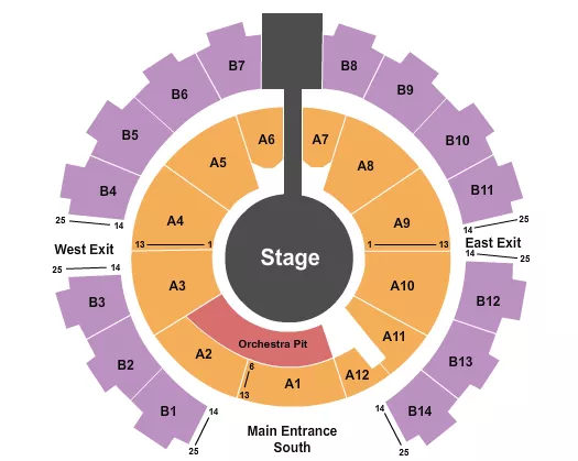 Center Stage 2 Seating Chart at Celebrity Theatre. The chart shows the main floor/stage with seating options surrounding it, which are color coded