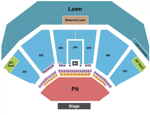 End Stage Large Pit 3 Seating Chart at Lakewood Amphitheatre. The chart shows the main floor/stage with seating options surrounding it, which are color coded
