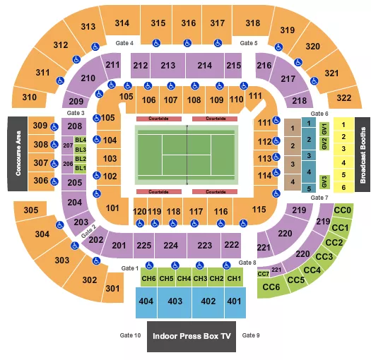 Tennis 3 Seating Chart at Center Court at Lindner Family Tennis Center. The chart shows the main floor/stage with seating options surrounding it, which are color coded